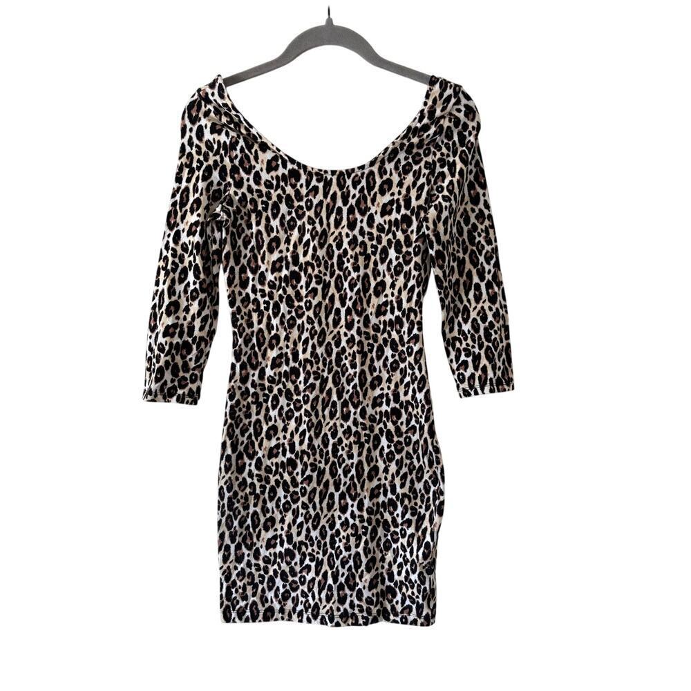 Charlotte Russe Women’s Leopard Print Bodycon Dress Off Shoulder 3/4 Sleeve Mini - Picture 2 of 8